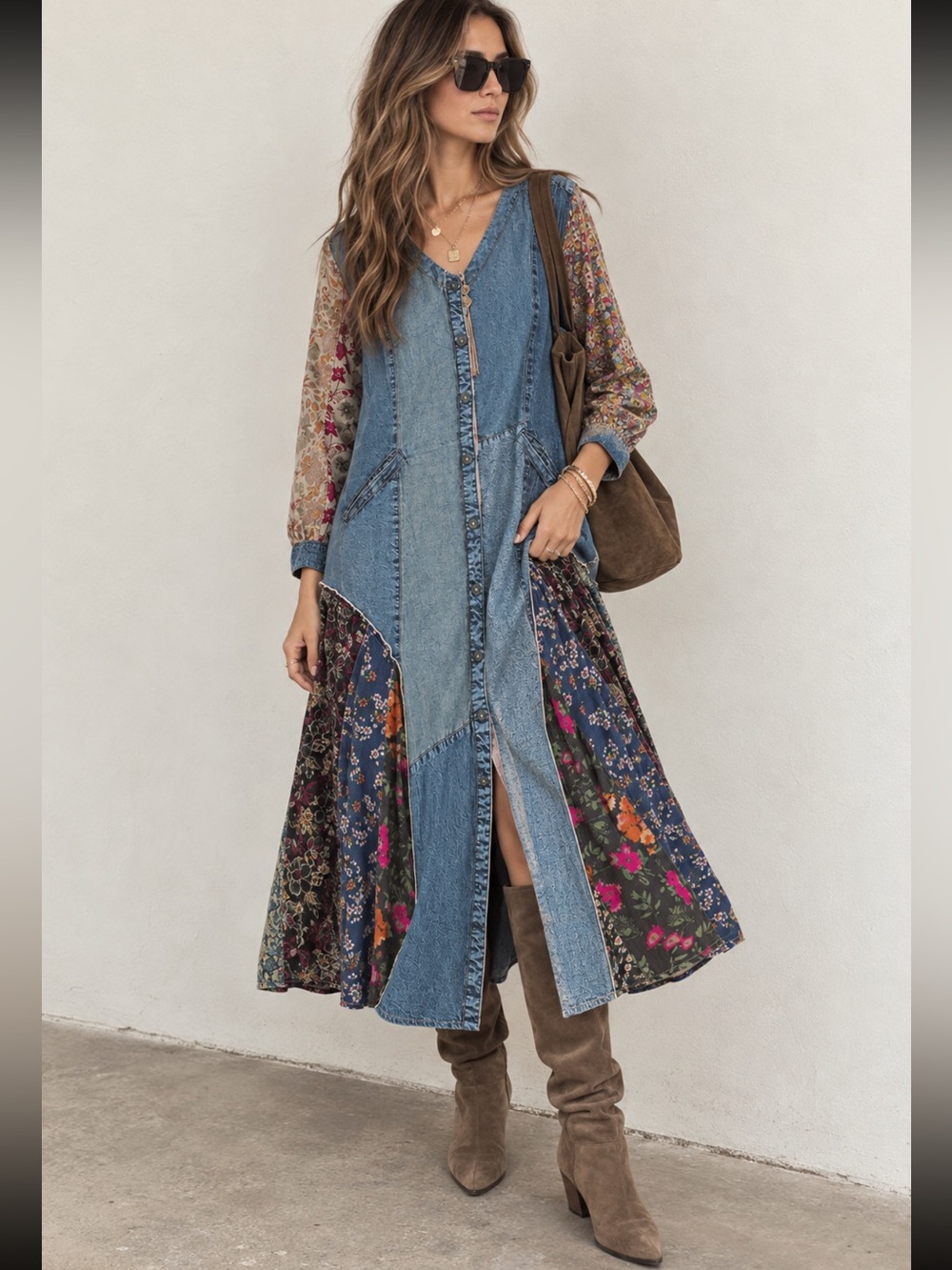 Boho Denim Patchwork Maxi Dress in Blue Floral